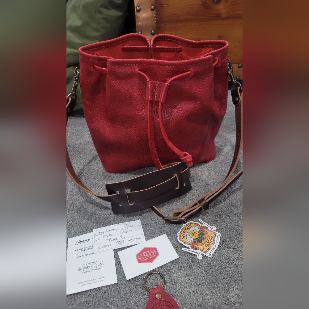 New Go Forth Goods Cranberry Red Abby Leather Bucket Bag